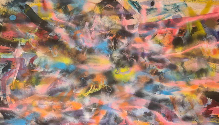 Janaki Peart Electric Blanket Sky acrylic & spraypaint on canvas 85.5 x 150cm $750